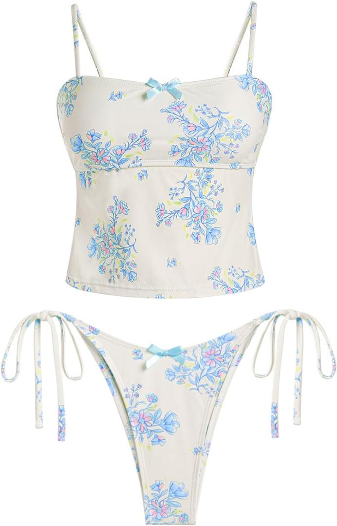 seamoly Womens Tankini Bikini Set Sexy Tie Back Two Piece Bathing Suit Cheeky High Cut Triangle Thong Swimsuit Blue Floral M