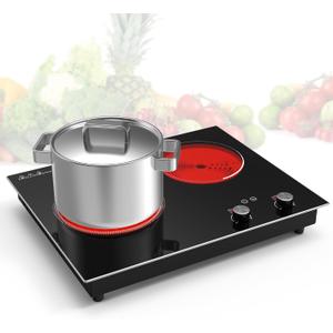 VBGK Electric Cooktop,2100W Built-in & Countertop 2 Burner Electric Cooktop,Electric Stove Top with10 Heating Level, Timer & Kid Safety Lock, LED Knob Touch Control Electric Burner with Plug