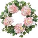 Pink Hydrangea Spring Wreath, 18 Inch Outdoor Summer Decor w/Eucalyptus & Hydrangea Leaves, Farmhouse Indoor Wreath for All Seasons