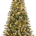Yaheetech 6ft Pre-lit Frosted Artificial Hinged Christmas Tree with 818 Flocked PVC Tips,62 Pine Cones,62 Holly Berries & 250 Warm White Lights,Foldable Stand,Green