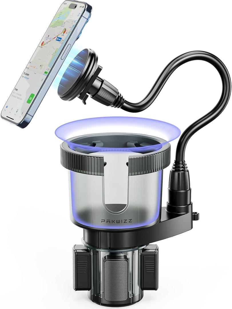 2-in-1 Car Cup Holder Expander for Phone MagSafe, Upgraded Cup Holder Phone Mount for Car with Adjustable Base, Compatible with Yeti 20/26/30 oz, Hydroflask 32/40 oz (Transparent Black)