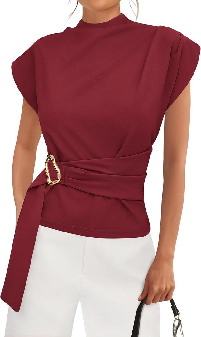 PRETTYGARDEN Women Blouses Spring Dressy Cap Sleeve Mock Neck Work Shirts Buckle Tunic Summer Business Casual Tops 2026 (Red, S)