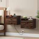 Floating Nightstand Set of 2 with 2 Storage Drawers and Charging Station Wood Wall Mounted Bedside End Table Modern Night Stands Set 2 for Bedroom,Small Space,Brown Walnut