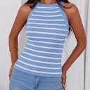 PRETTYGARDEN Womens Tops Dressy Casual Halter Neck Going Out Tank Tops for Women 2025 Slim Fit Ribbed Striped Summer Tanks (Blue, XXL)