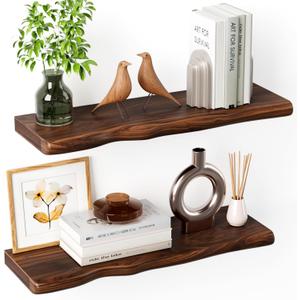 Solid Wood Live Edge Floating Shelves Set of 2 – 24" Rustic Wall Shelf with Hidden Bracket System, Wall Mounted Shelves for Bathroom, Kitchen, Living Room, Bedroom (Walnut)