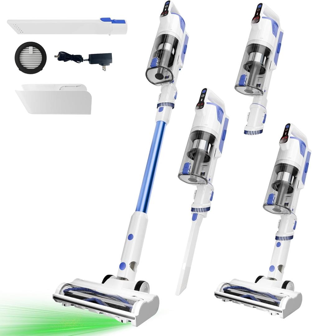Cordless Vacuum Cleaner with Self-Standing, 45KPA Stick Vacuum, 88,000RPM Brushless Motor & LED Display, Anti-Tangle, Lightweight Vacuum Cleaners for Home, Pet Hair, Hardwood Floors, Azure