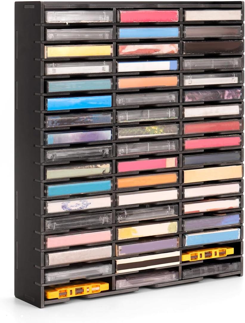 SANFURNEY 51-Slot Cassette Tape Storage, Desktop Rack Audio Tape Organizer, Wall-Mounted Cassette Holder-Black