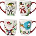 Topadorn Christmas Ceramic Coffee Mug Travel Cup Gift with Lid 18 oz, Porcelain Tea Cup with Handle for Home & Office, Set of 4 Mugs Holiday Gift for Friends and Family
