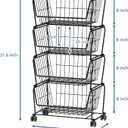 PUSDON Stackable Metal Storage Carts, Dual Use Shelf for Kitchen Fruit Vegetable Baskets with Wheels, Storage Rack for Living Room, Home & Office, Standard Black 4 Tiers