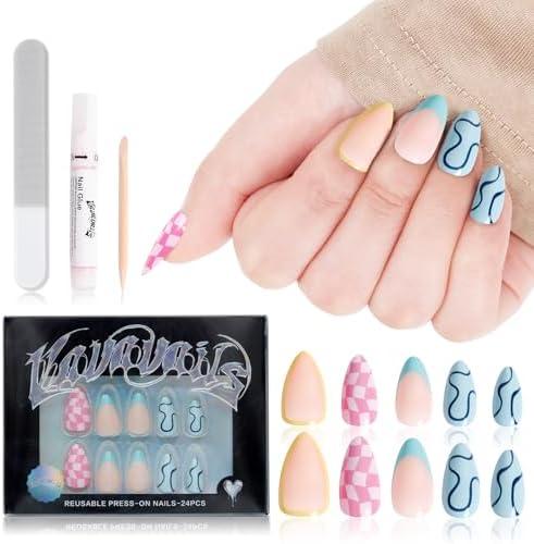 VAVAVAILS Press on Nails - Summer Frenzy, Short Almond Nails Press ons, Reusable Nails for Women Self Beauty, 12 Sizes - 24 Nail Kit with Glue & Jelly Gel, 2 Pack