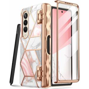 i-Blason Cosmo Series for Samsung Galaxy Z Fold 4 Case with Pen Holder (2022), Stylish Protective Bumper Fold 4 Case with Built-in Screen Protector (Marble)