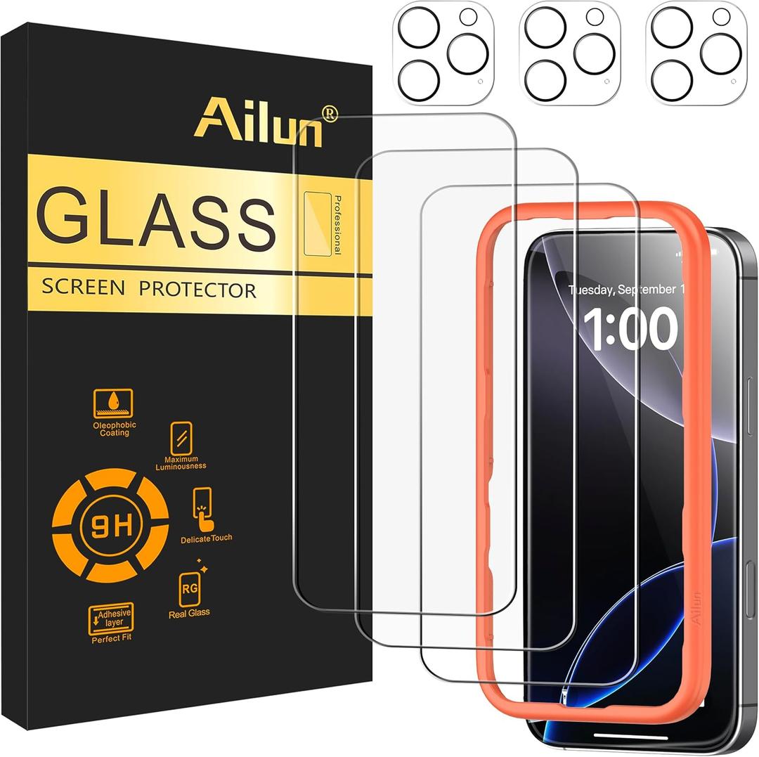 Ailun 3 Pack Screen Protector for iPhone 16 Pro Max 6.9 inch, 3 Pack Camera Lens Protector with Installation Frame,Case Friendly Tempered Glass Film 9H Hardness, Not for iPhone 16e/16/16 Pro/Plus