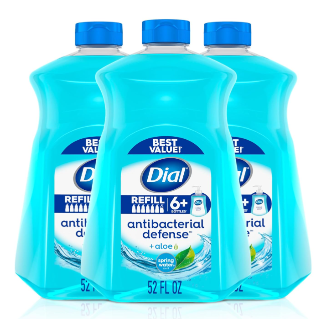 Dial Antibacterial Defense Liquid Hand Soap + Aloe, Spring Water Scent, 52 Fl Oz Hand Soap Refill (Pack of 3), DermatologistTested, Gentle Formula