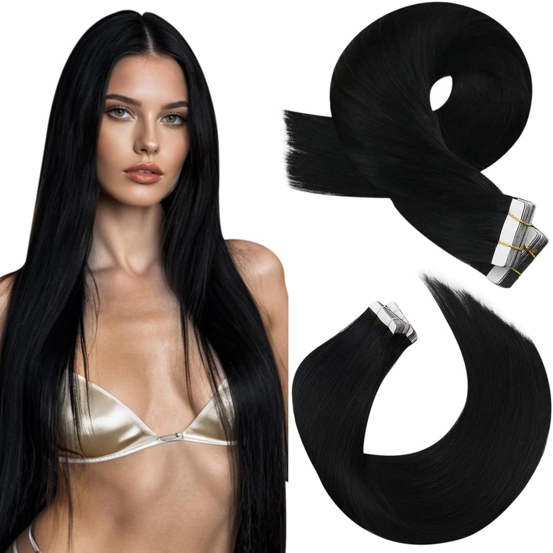 Moresoo Black Tape in Hair Extensions Real Human Hair 20Pcs Jet Black Hair Extensions Tape in 10 Inch Short Glue in Extensions Human Hair 30G Straight Hair Color #1