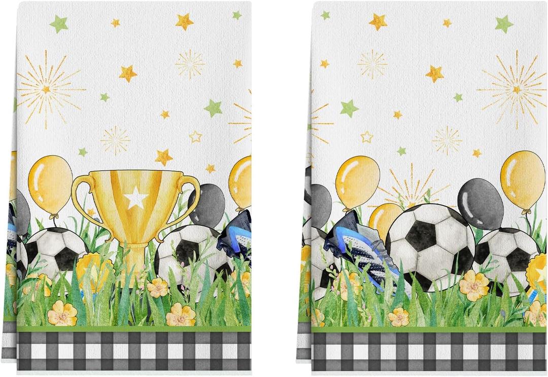 XCHI Plaid Soccer Flowers Trophy Balloons World Cup Dish Towels 18x26 Inch for Game Day Soccer Party Home Kitchen Decorations Hand Towels Set of 2 Drying Dishcloth