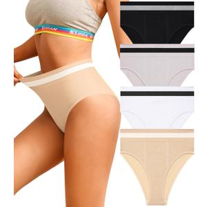 Eiggam Breathable Wicking Underwear High Waist Bikini Underwear Slight Tummy Control Panty Elastic No Show Cheeky Panty Pack (Large, Multicoloured H - 4 Pack)