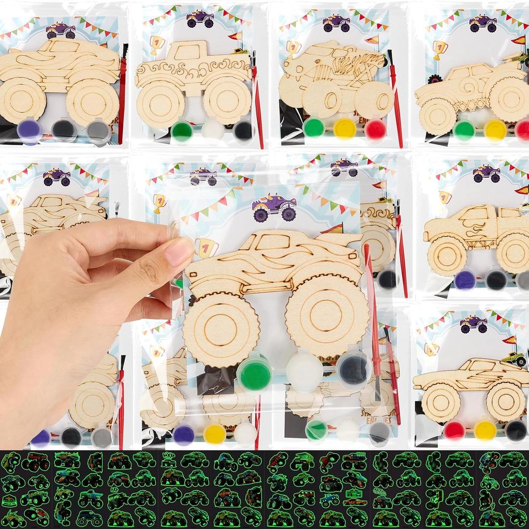 Monster Truck Party Favors - 24 Set Wooden Painting Craft Kit with Glow in the Dark Temporary Tattoos, Monster Truck Style Birthday Decorations Goodie Bag Stuffers Prizes Gifts