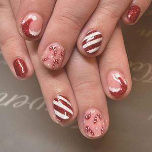 Red Christmas Fake Nails - Short Square Santa Hat, Candy Cane, Glitter Designs - 24 Pcs Glossy Full Cover Glue on Acrylic Nails for Women & Girls