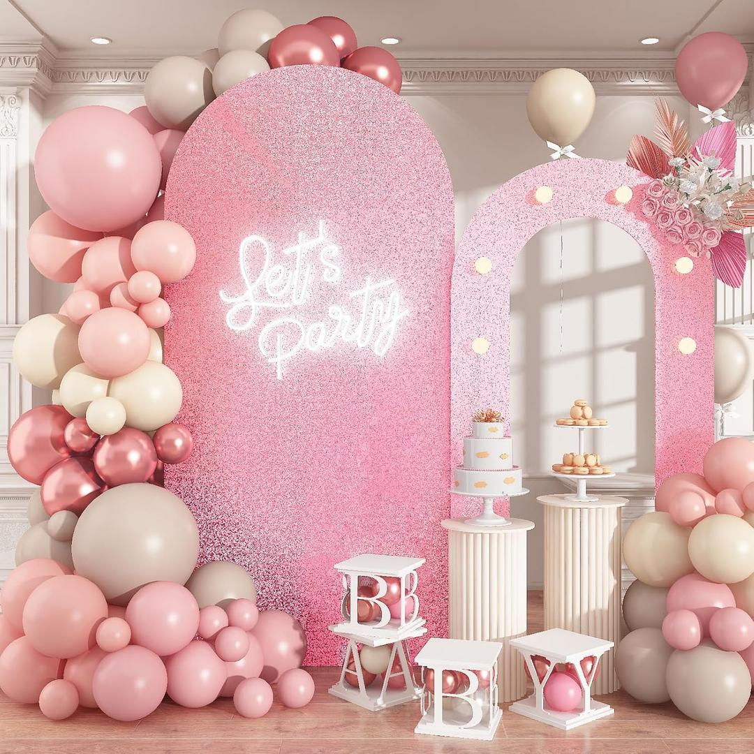 Jobkoo Pink Arch Backdrop Stand, 6.2FT+5.5FT Wedding Backdrop Arch Stand Frame with Lights, 2 Set Round Top Arch Photo Booth Background for Girls Princess Birthday Baby Shower Valentines Party Decor
