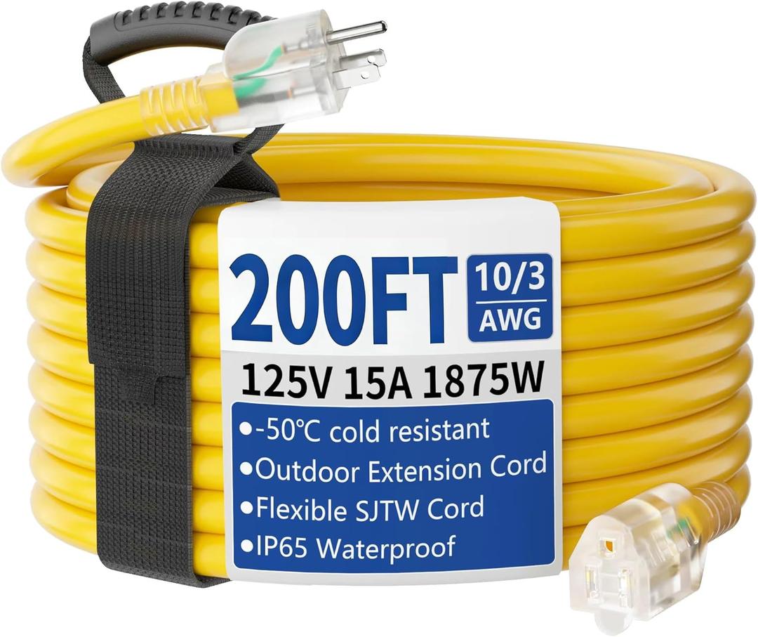 200ft Outdoor/Indoor Extension Cord with Lighted 10/3 Gauge Ultra 3 Prong Heavy Duty SJTW, Waterproof, Flexible Cold-Resistant,15A 125V 1875W, Yellow