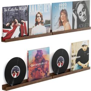 Vinyl Record Shelf Wall Mount 24 inch, Pack of 4 Album Record Holder Display, Wood Floating Shelves for Wall Decor, Album Shelves, Kids Bookshelf, Magazine Rack, Walnut