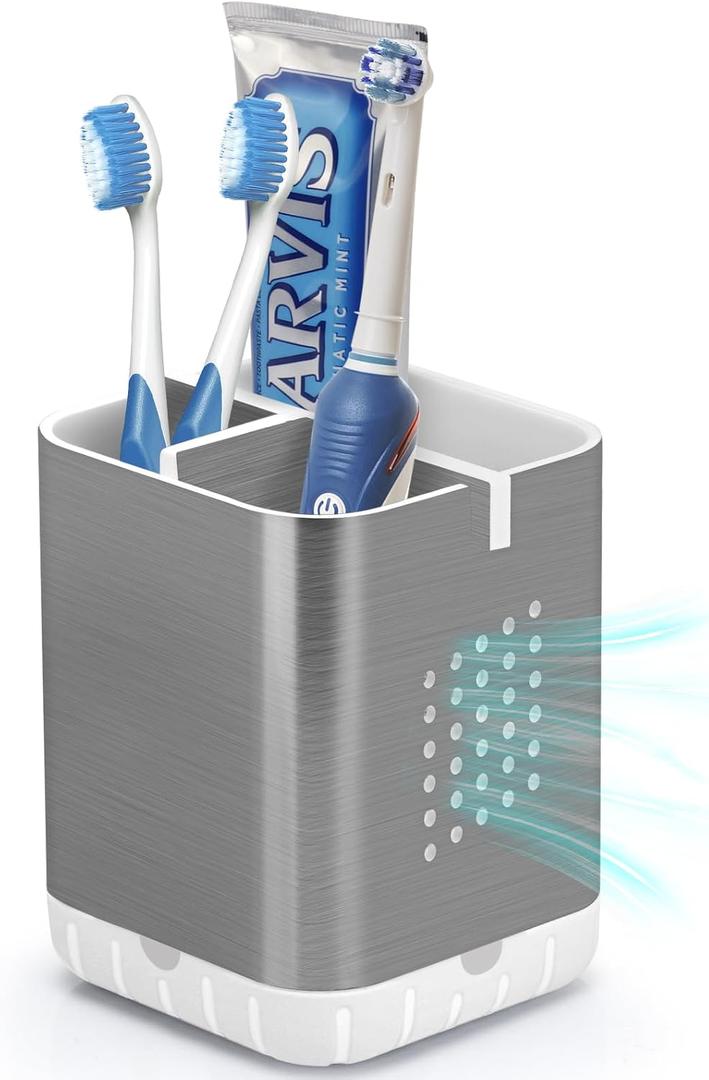 Boperzi Toothbrush Holder Toothpaste Organizer Drainage for Bathroom Vanity, Detachable Anti-Slip Brushed Nickel Toothpaste Storage Caddy 3 Slots with Drainage Holes for Makeup Brush Razor Stand (Silver)