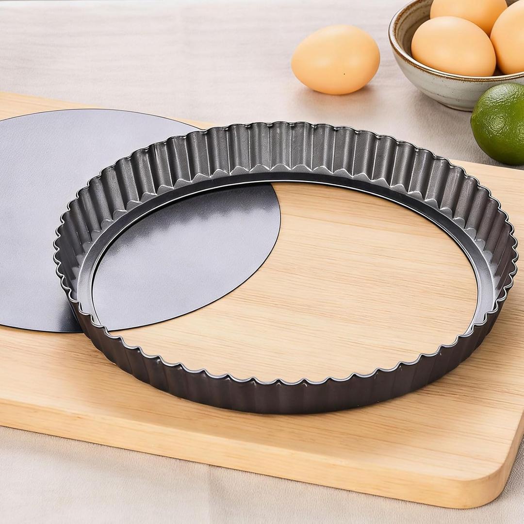 KUAYB 10 Inch Nonstick Tart Pan with Removable Bottom, Carbon Steel Quiche and Pie Pan- 1.1-Inch Depth, Fluted Edges for Baking Tarts, Quiches, Mousse Cakes, and Desserts