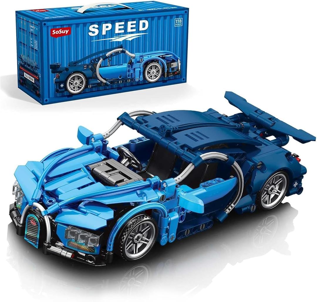 Sosuy Building-Block Race-Car Set,1:18 Technical Modle Kit 473 Pcs DIY Blue Pull-Back Toy for Boy Girl Kid Age 6+ Year,Birthday Gift for Teen Adult Display,Speed Super Sports Cars Bricks Icons
