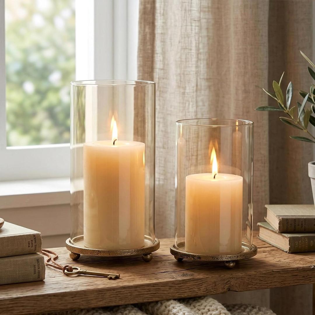 Hurricane Candle Holders Set of 2 - Pillar Candle Stands with Glass Sleeves for Fireplace Mantel & Dining Table Centerpiece Decor (Gold)