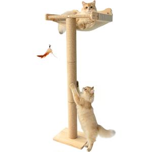 Cat Window Perch Hammock with 3-Piece Detachable Sisal Scratching Posts, Drill-Free Suction Cup Mount, Multi-Level Climbing Perch for Bird Watching, 45 LBS Capacity (46"-Natural Linen Mat)