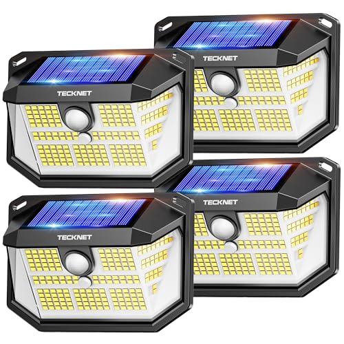 TECKNET 231 LED Solar Motion Lights Outdoor Waterproof, 4 Pack 300° Angle & 3 Lighting Modes PIR Motion Sensor Security Solar Wall Lights IP65 for Fence Front Door Yard Deck Garden Garage