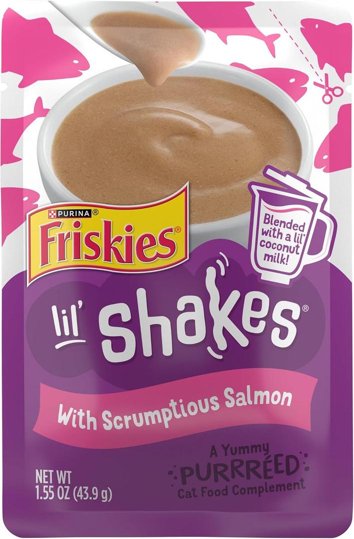 Purina Friskies Pureed Cat Food Topper, Lil’ Shakes With Scrumptious Salmon Lickable Cat Treats - (Pack of 16) 1.55 oz. Pouches (EXP 06/30/27)