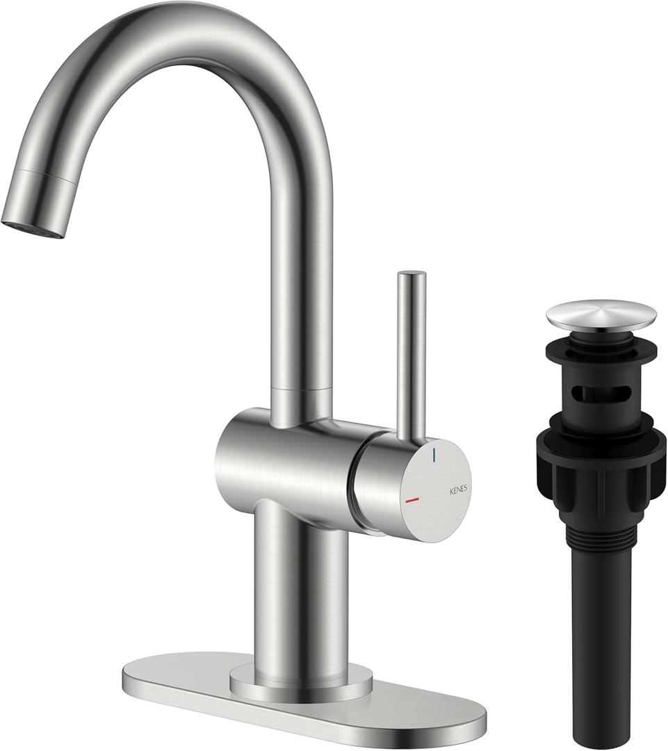 KENES Brushed Nickel Bathroom Faucet Single Handle Modern Prep Wet Bar Sink Faucet Bathroom Sink Faucets with Drain Assembly & Deck Plate, Farmhouse RV Camper Outdoor Utility Faucet, KE-9005B (Short)