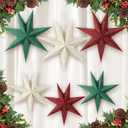ReliThick 6 Pcs Velvet Christmas Paper Star Lanterns 18/12 Inch Flocked 7 Pointed Christmas Hanging Lamp Paper Ornament Decorations for Xmas Party Indoor Door Window(Red, Green, White)