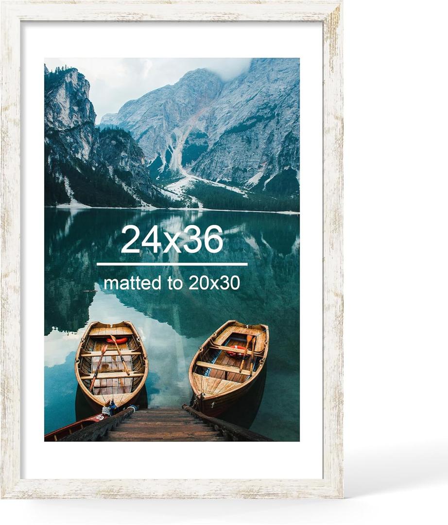 Hongkee 24x36 Frame, Distressed White Wood Style - Display Posters 20 x 30 with Mat or 24x30 without Mat, Wall Mounting Horizontal and Vertical, 1 Pack