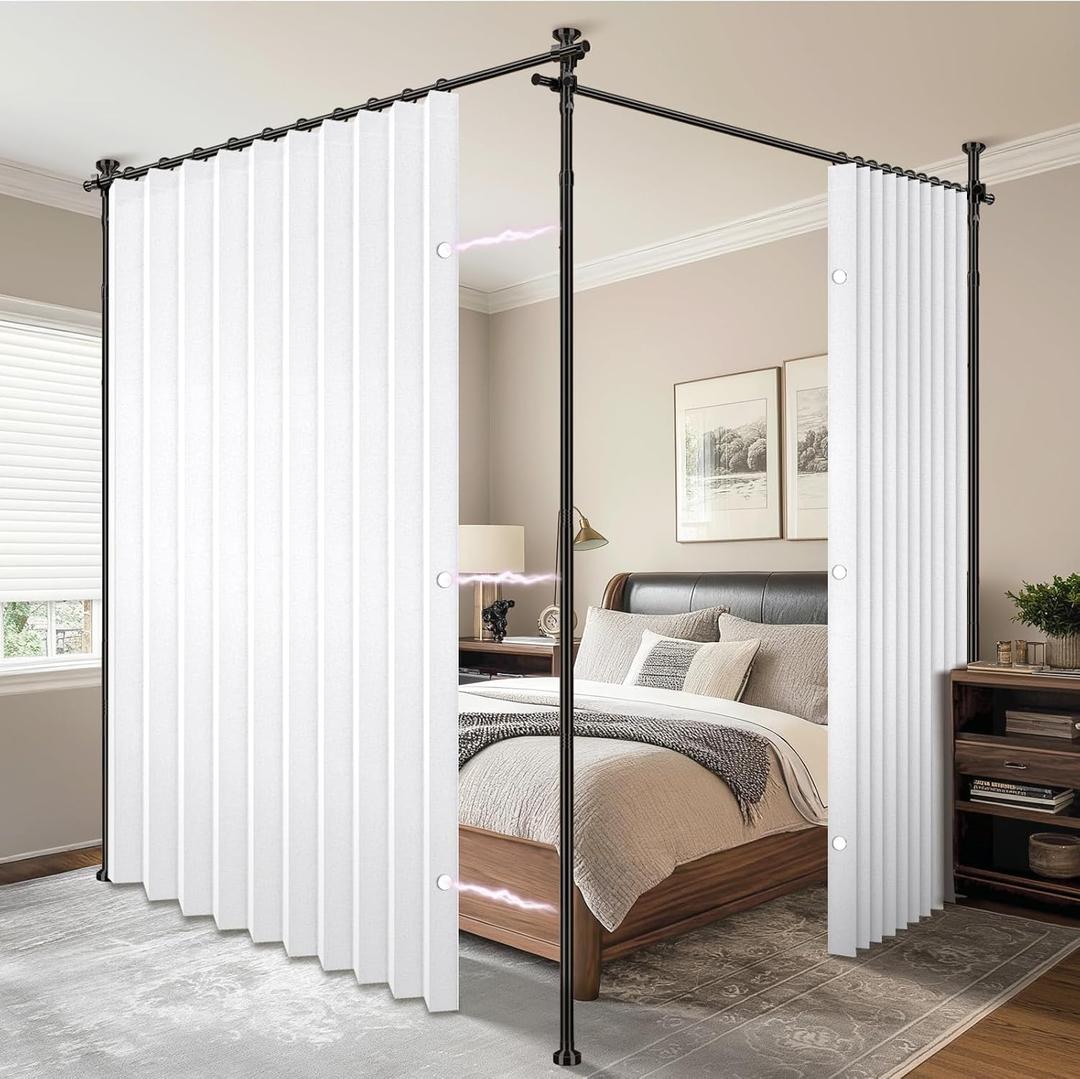AJAZZ Privacy Curtains for Room Divider with Blackout & Soundproof (2 Panels, White, W100 x L84 in)+ No Drill Curtain Rod(H) 43-120(W) 35-200 in, Wall Divider for Bedroom/Studio/Office Curtain