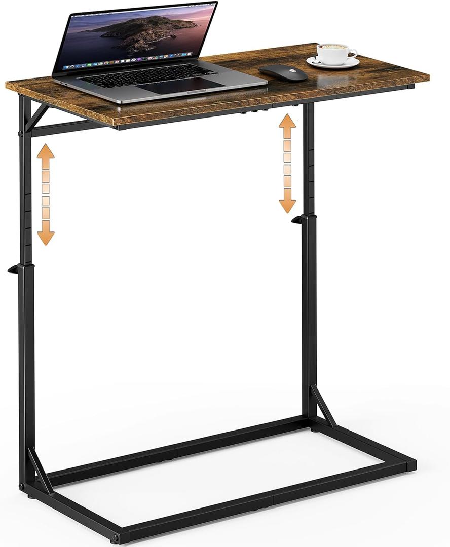 Vagusicc C Shaped End Table, Tall Side Table for Couch, C-Table End Table Adjustable Height Side Tables, Large Surface Sofa Tables TV Tray, Slide Under Couch Tables for Sofa, Living Room,Bedroom,Brown (11.95"D x 23.85"W x 20.85-33.55"H)