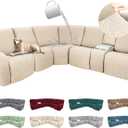 100% Waterproof Sectional Recliner Couch Covers for Reclining Couch L Shaped Corner Sectional Sofa Cover Jacquard Stretch L Shape Recliner Slipcovers (5 Seater 1 Console Cover, Beige)
