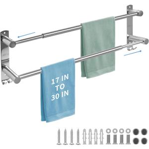 Double Towel Bar, Stainless Steel Adjustable 16 to 28In Double Towel Racks for Bathroom, Double Bath Towel Bar,Applicable to Bathrooms and Kitchens (30X7.09X3.54)