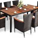 9PCS Patio Rattan Dining Set 8 Stackable Chairs Cushioned Acacia Wood Table Top