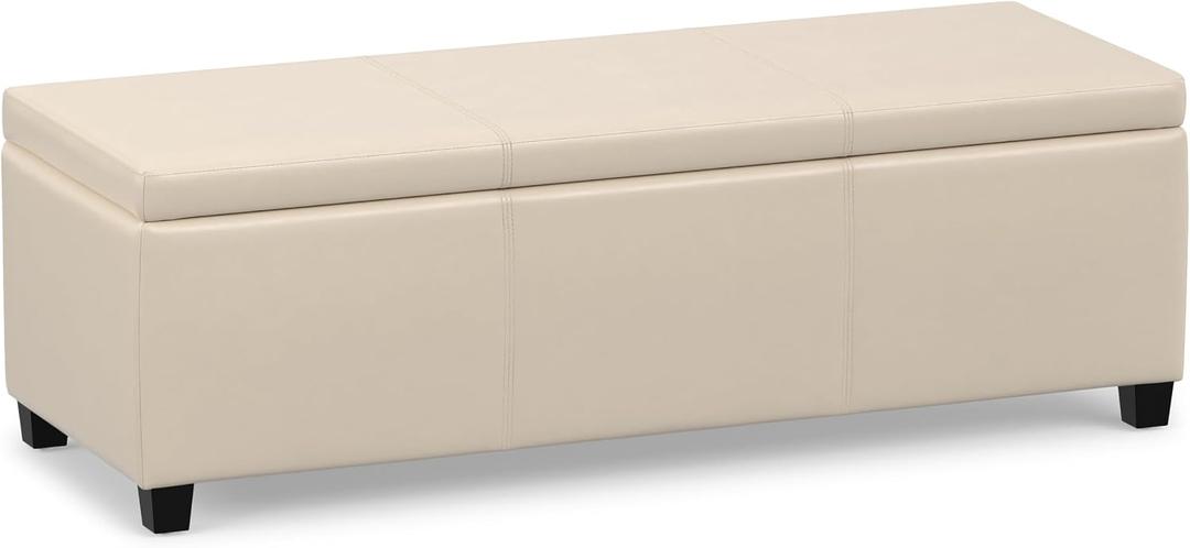 SIMPLIHOME Avalon 48" Wide Vegan Leather Storage Ottoman in Satin Cream, 18.1"D x 48"W x 16.1"H