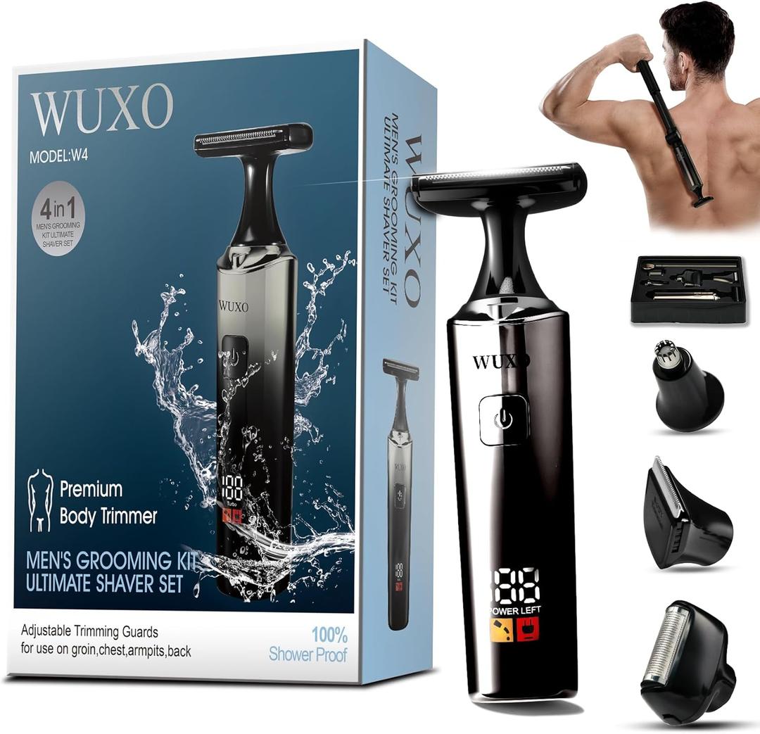 Back Shaver for Men, USB-C, Electric Groin Hair Trimmer Ultra-Wide 2" T-Shaped Head LED Display, 4 in 1 Kit with Long Handle, Safety Lock, IPX7 Wet/Dry, Multi-Functional Back Trimmer,(Ash Silver)