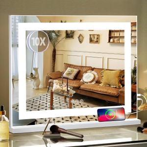 Fenair Vanity Mirror with Lights 22.8 * 18.1 Diamond Light Strip Makeup Mirror with Tempered Glass, 3 Color Modes Light up Mirror with USB Charging Port, 10X Magnification and Smart Touch, White