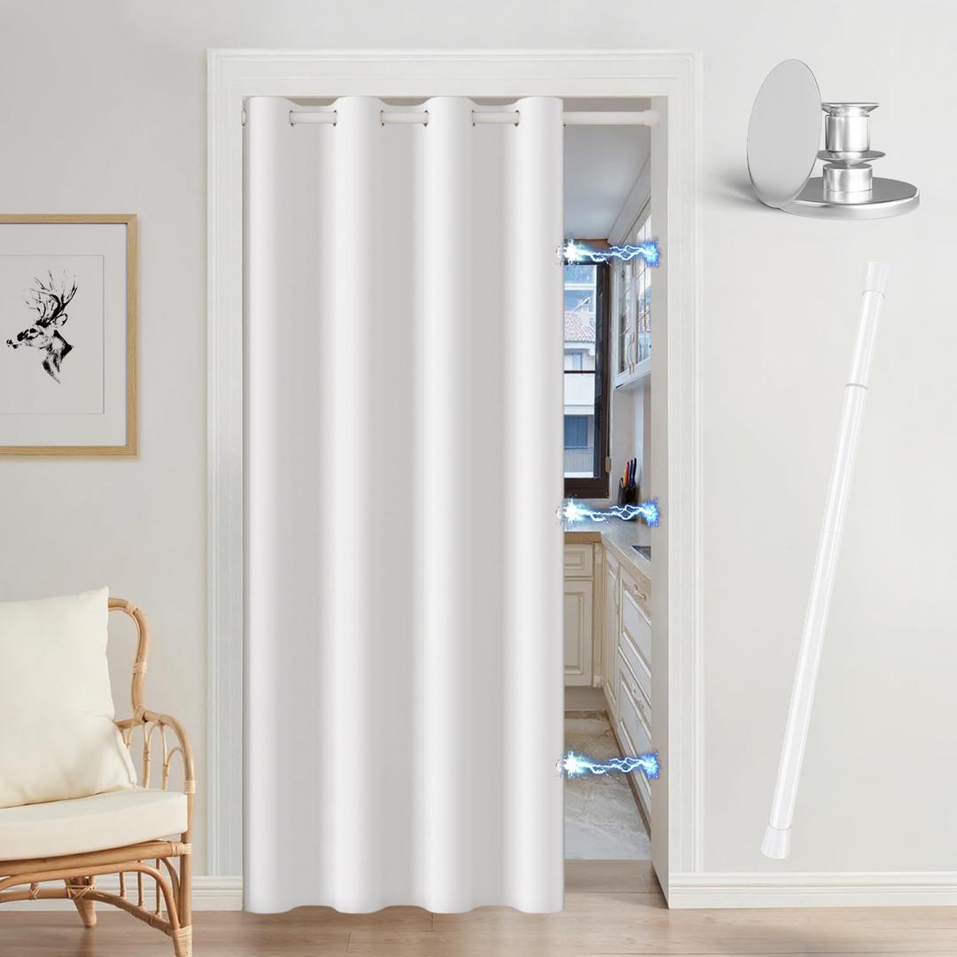 Vatge Magnetic Doorway Curtains with Rod - W52 x L76, 1 Panel, Grayish White, Light Filtering Door Curtain, Closet Door Alternatives, Easy to Access