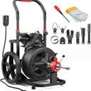 POPULO Auto Feed 100 FT1/2" Electric Drain Snake With Mobile 12 Wheel,700W Drain Auger Includes 8 Cutters Suitable For 2-4 Pipes,Extra Long Cable Wide Drain Range Suitable for Various Scenarios