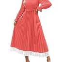 ZESICA Women's Spring Long Sleeve Chiffon Dress Casual Crew Neck Pleated A Line Flowy Midi Dresses with Belt, Watermelon, S