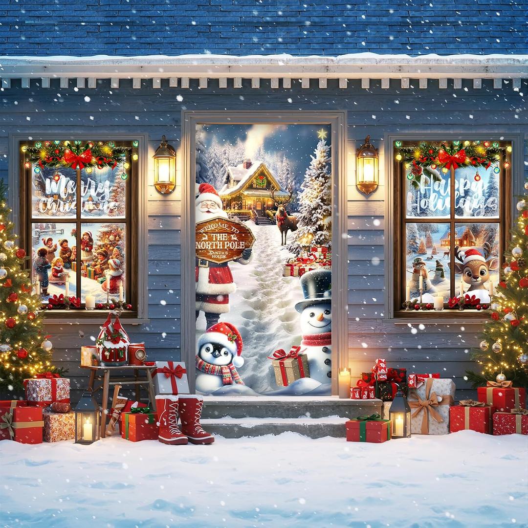 Tioncy 3 Pcs Christmas Door Window Cover Decorations Set 71" x 35" Christmas Door Cover 47" x 32" Xmas Window Curtain Santa Claus Snowman Winter Reindeer Banner Backdrop for Outdoor Holiday Decor
