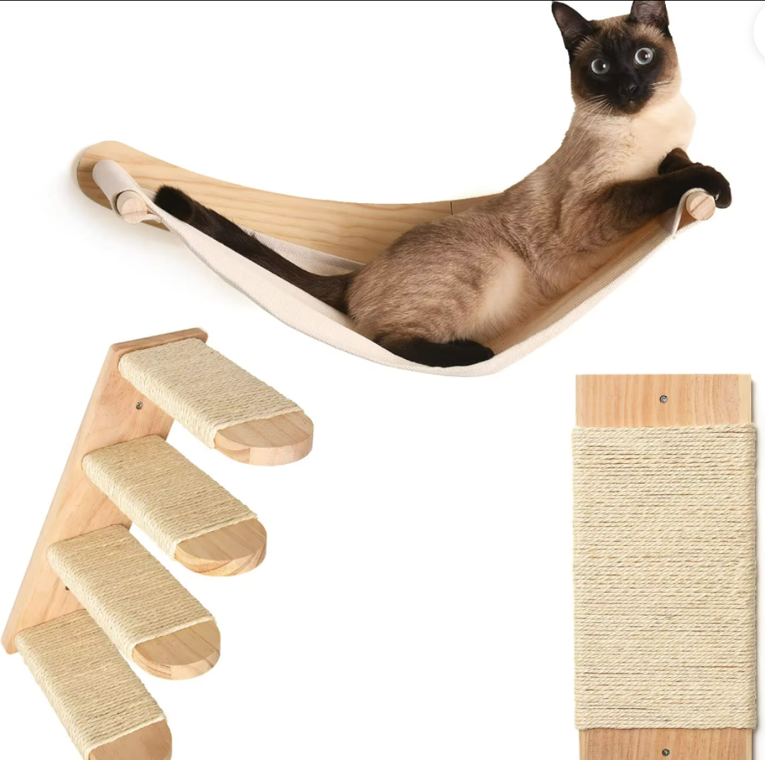 Chasing Tails Cat Wall Shelves - Four Step Cat Shelf with Scratch Board, Mounted Cat Shelves, Sturdy Cat Wall Furniture for Indoor Cats, Kittens - Extra Cat Wall Hammock Cover Included