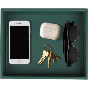 HofferRuffer Faux Leather Decorative Tray, Elegant Desktop Storage Organizer, Decorative Catchall Perfume Tray, Nightstand or Dresser Vanity Tray Organizer, 10.2 x 8.4 x 1.8 inches (Dark Green)