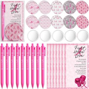 Pinkunn 25 Sets Breast Cancer Awareness Accessories Bulk Breast Cancer Gift for Women Compact Mirrors with Pink Ribbon Boxing Glove Design, Ballpoint Pens, Motivational Cards Charity Party Favors